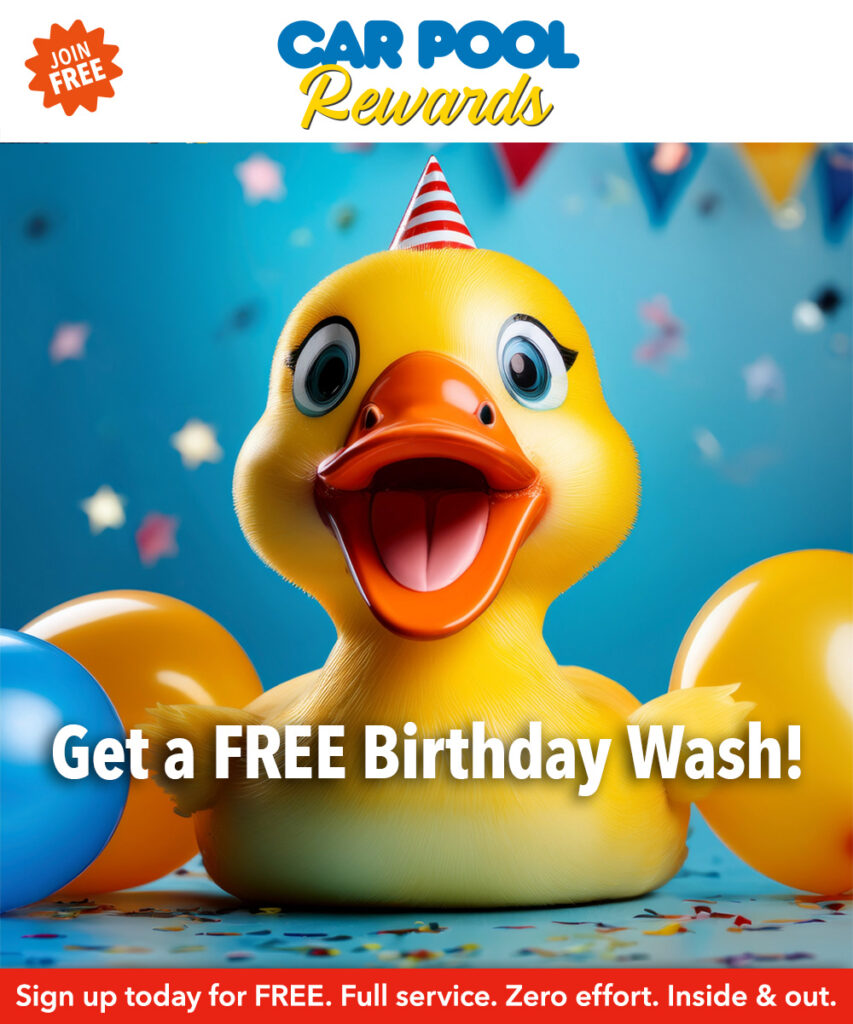 Car Pool Rewards Free Birthday Wash Excited yellow rubber duck